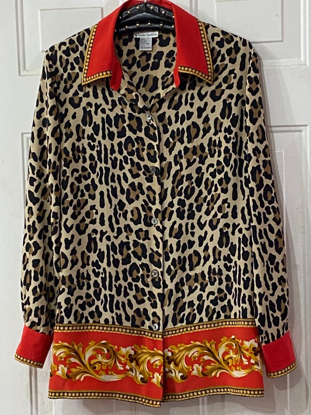 Linea by Louis Dell'olio 100% Silk Sz M Blouse Button Up Long Sleeve Animal
